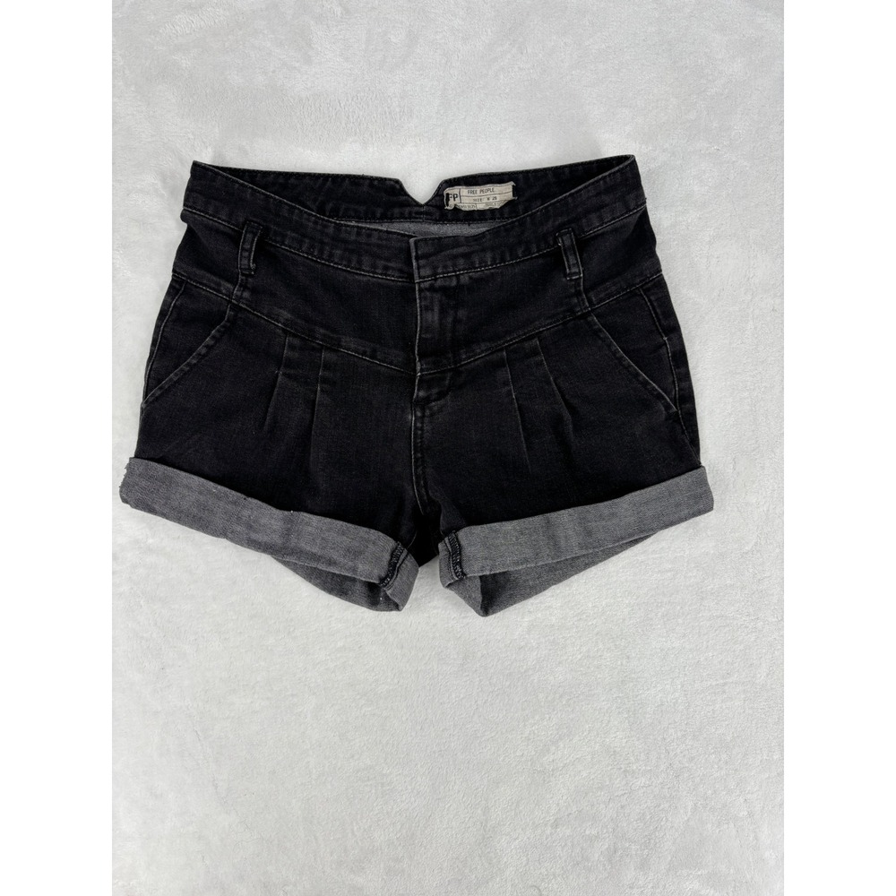 Free People Pleated Denim Shorts Size 28 Black High Rise Cuffed Boho